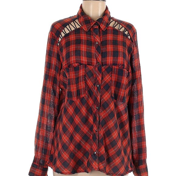 Free People long sleeve button down red plaid shirt, M - Picture 2 of 3